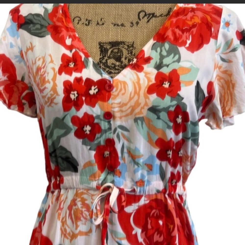 Red Floral Puff Sleeve Drawstring Waist Maxi Dress Size Small - N792